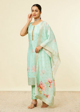 alt message - Mohey Women Sea Green Floral Printed Stitched Suit image number 3